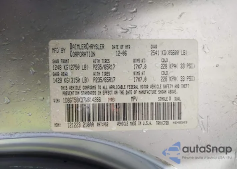 2007 Dodge Nitro Slt/Rt из США, поврежденный, VIN 1D8GT58K37W614266